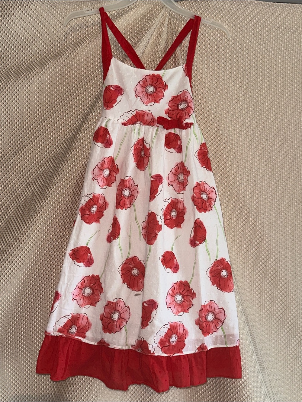 Penelope Mack Girls 8 Red Poppy Floral Swiss Dot Sundress Cross Back